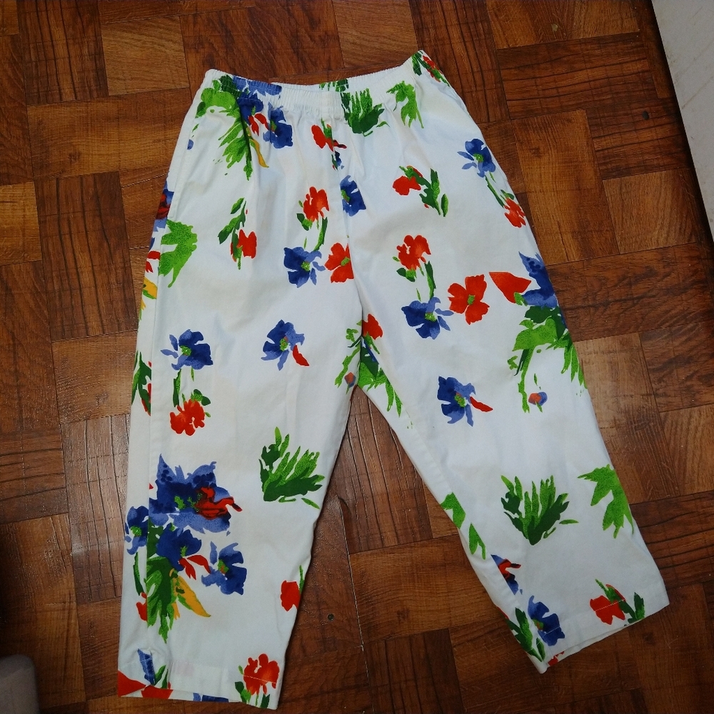 Vtg Willow Ridge Watercolor Style Floral Capri Pants Women's Medium Petite
